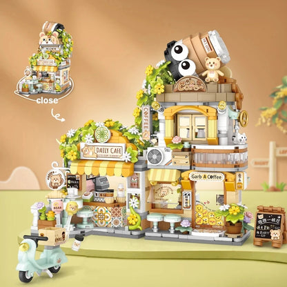 Street View Series Building blocks Ice Shop Takoyaki Shop Coffee shop Panda Tea House model children's gift