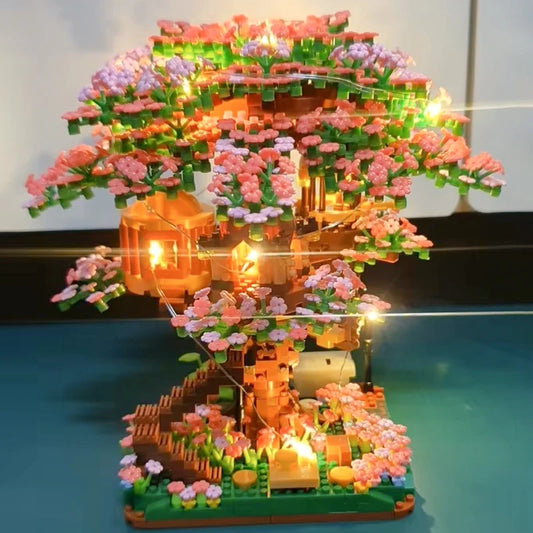 Mini Sakura Tree Building Blocks Set Diy Cherry Blossom Bricks with Light Treehouse Model Romantic Gift for Girlfriend