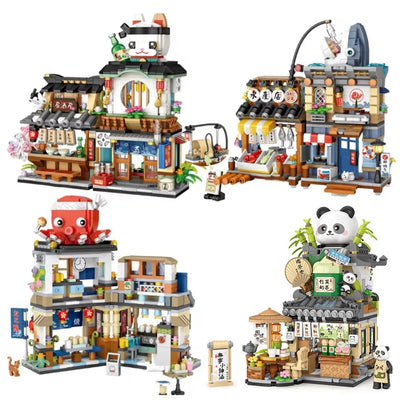 Street View Series Building blocks Ice Shop Takoyaki Shop Coffee shop Panda Tea House model children's gift