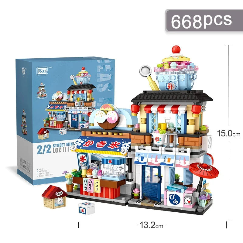 Street View Series Building blocks Ice Shop Takoyaki Shop Coffee shop Panda Tea House model children's gift