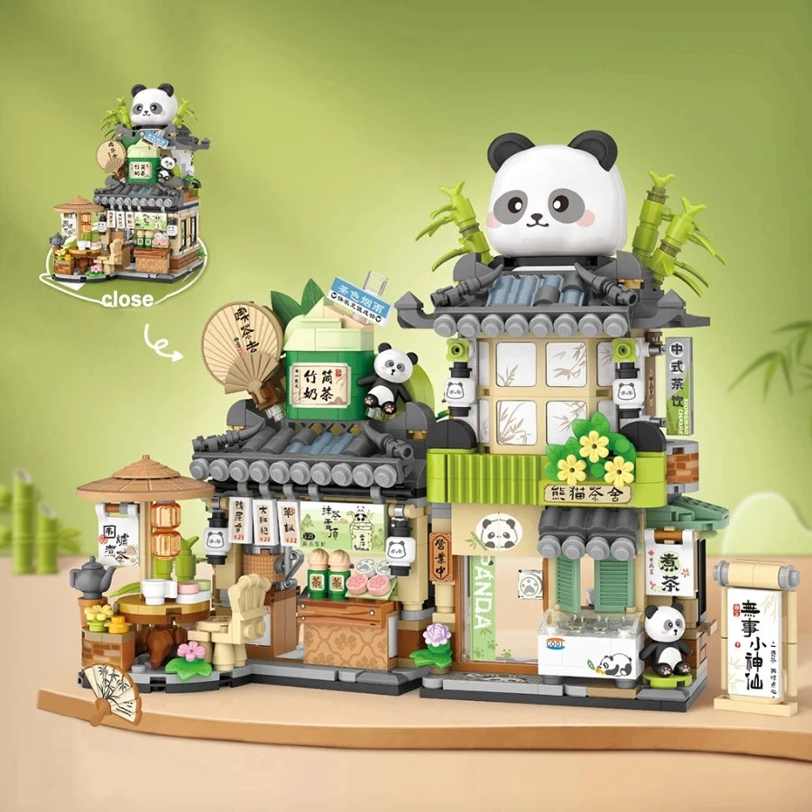 Street View Series Building blocks Ice Shop Takoyaki Shop Coffee shop Panda Tea House model children's gift