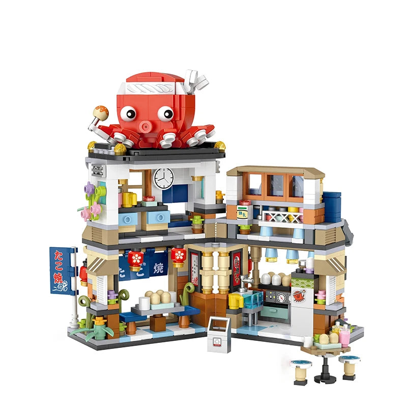 Street View Series Building blocks Ice Shop Takoyaki Shop Coffee shop Panda Tea House model children's gift