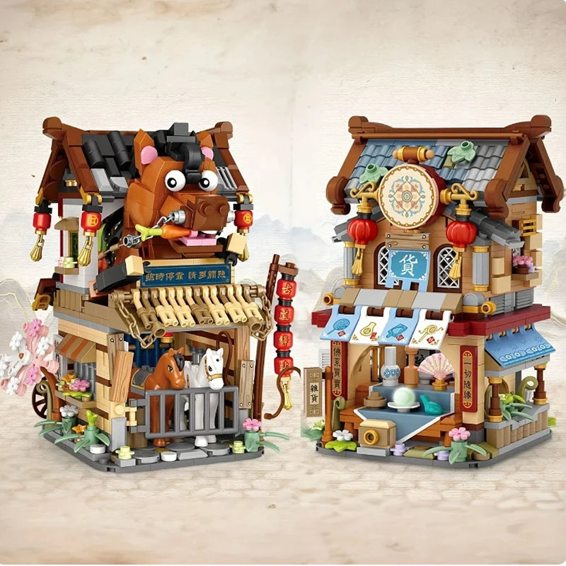 Street View Series Building blocks Ice Shop Takoyaki Shop Coffee shop Panda Tea House model children's gift