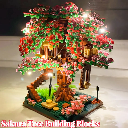Mini Sakura Tree Building Blocks Set Diy Cherry Blossom Bricks with Light Treehouse Model Romantic Gift for Girlfriend
